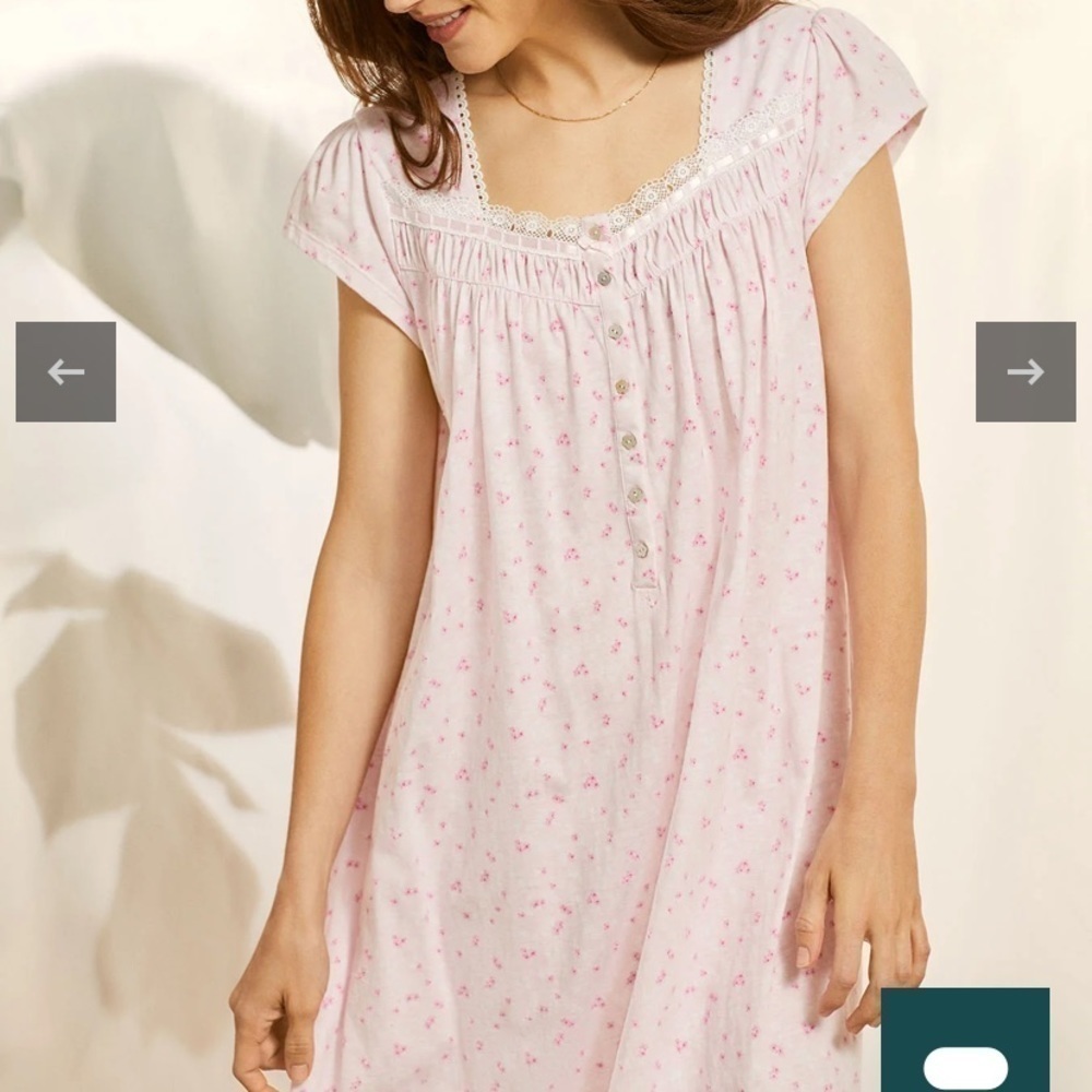 Eileen West Pink Floral Cap Sleeve Night Dress Lace Button Yoke EUC - Picture 9 of 11